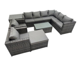 Fimous Patio Sofa Oblong Coffee Table Set Rattan Garden Furniture Set With 2 Chairs Big Stool Side Table Dark Grey Mixed - thumbnail 1