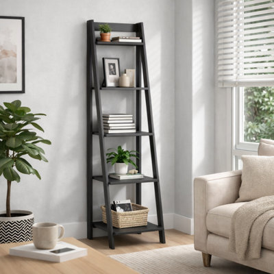 Mercers Furniture Corona Charcoal Ladder Bookcase Open Leaning Shelving Display Unit Solid Wood Mexican Pine Dark Grey - image 1