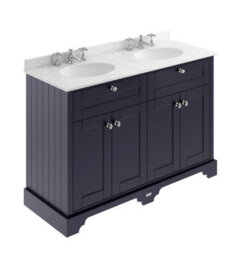 Hudson Reed Floor Standing 4-Door Traditional Vanity With 3 Tap Hole Grey Marble Double Basin, Twilight Blue, 1220X470mm
