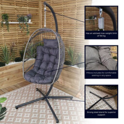 Samuel Alexander Grey Hanging Egg Chair With Stand Waterproof Cover And Cushions Steel Frame Rattan - thumbnail 7