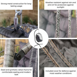 Samuel Alexander Grey Hanging Egg Chair With Stand Waterproof Cover And Cushions Steel Frame Rattan - thumbnail 6