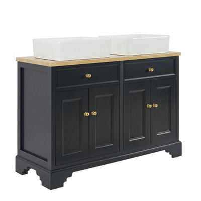 Homestylestore 1210mm Black Grey And Oak Bathroom Vanity Unit With Square Countertop Basins And Gold Square Handles - image 1