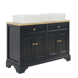 Homestylestore 1210mm Black Grey And Oak Bathroom Vanity Unit With Square Countertop Basins And Gold Square Handles - thumbnail 1