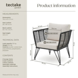 Tectake Garden Chair Sundo - Thick Seat Cushions, Removable Cushion Covers - Anthracite - Set Of 2 - thumbnail 6