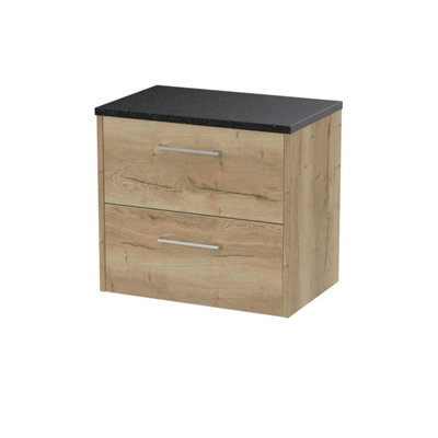Nuie Hudson Reed Juno Wall Hung 2-Drawer Vanity Unit & Black Worktop, Countertop Basin Unit In Autumn Oak, 600mm - image 1