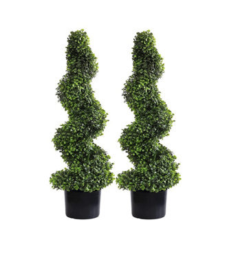 Pair Of 3Ft Artificial Topiary Spiral With Pot Garden Indoor Outdoor Wall Door Decoration Plant Potted Weatherproof Trees 90Cm - image 1