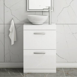 Royal Bathrooms 600mm Floor Standing Vanity Unit 2 Drawer Gloss White & Countertop Basin - Breeze - thumbnail 1