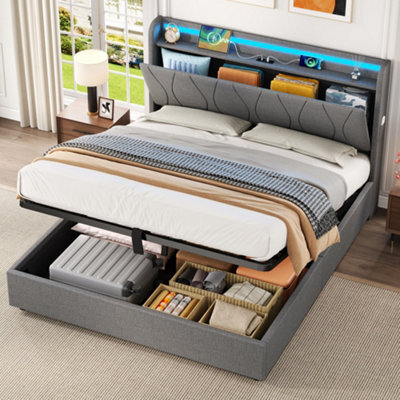 Abrihome 4Ft6 Upholstered Storage Bed W/ Hydraulic Lift, Led Headboard, Usb/type-C Charging & Hidden Storage, Grey Linen, No Box Spring - image 1