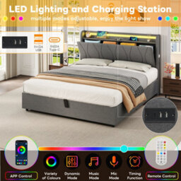Abrihome 4Ft6 Upholstered Storage Bed W/ Hydraulic Lift, Led Headboard, Usb/type-C Charging & Hidden Storage, Grey Linen, No Box Spring - thumbnail 7