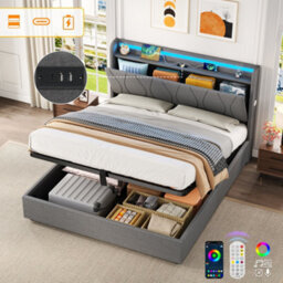 Abrihome 4Ft6 Upholstered Storage Bed W/ Hydraulic Lift, Led Headboard, Usb/type-C Charging & Hidden Storage, Grey Linen, No Box Spring - thumbnail 5