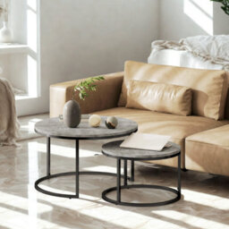 FURNOLD 2Pc Nesting Tables With Faux Marble Tabletop Living Room Furniture Cement Grey - thumbnail 4