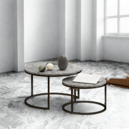 FURNOLD 2Pc Nesting Tables With Faux Marble Tabletop Living Room Furniture Cement Grey - thumbnail 1