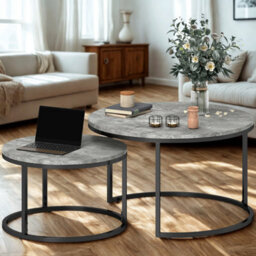 FURNOLD 2Pc Nesting Tables With Faux Marble Tabletop Living Room Furniture Cement Grey - thumbnail 2