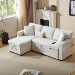 3 Seater L-Shaped Corner Sofa Bed With Pull-Out Section, Open Storage And Integrated Shelf, Beige - thumbnail 9
