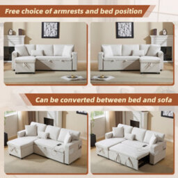 3 Seater L-Shaped Corner Sofa Bed With Pull-Out Section, Open Storage And Integrated Shelf, Beige - thumbnail 4