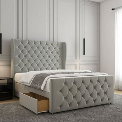 REGIONAL FURNISHINGS Divan Bed Set Silver Plush Velvet 54Inch Headboard & 20Inch Footboard 2Drawers Footend & No Mattress In 4Ft 4Ft6 5Ft 6Ft Sizes - image 1