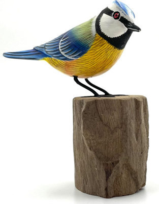 My Square Mile Bird Statue Ornament Wooden Hand Carved Bird Tree Stump British Birds Indoor/outdoor Garden Ornament (Blue Tit) - image 1