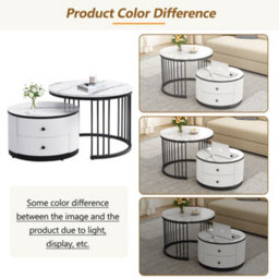 Btm Modern Round Nesting Coffee Table Set Of 2, Marble Effect Top, White & Black, With Drawers - thumbnail 8