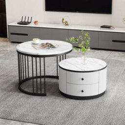 Btm Modern Round Nesting Coffee Table Set Of 2, Marble Effect Top, White & Black, With Drawers - thumbnail 5