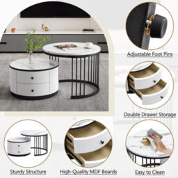 Btm Modern Round Nesting Coffee Table Set Of 2, Marble Effect Top, White & Black, With Drawers - thumbnail 3