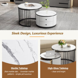 Btm Modern Round Nesting Coffee Table Set Of 2, Marble Effect Top, White & Black, With Drawers - thumbnail 7