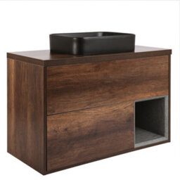 Homestylestore Dark Oak 1000mm Led Lit Wall Hung Bathroom Vanity Unit With Rectangular Countertop Basin And Graphite Basin - thumbnail 1