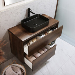 Homestylestore Dark Oak 1000mm Led Lit Wall Hung Bathroom Vanity Unit With Rectangular Countertop Basin And Graphite Basin - thumbnail 2