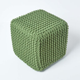 Homescapes Forest Green Cube Cotton Knitted Pouffe Footstool - thumbnail 3
