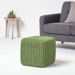 Homescapes Forest Green Cube Cotton Knitted Pouffe Footstool - thumbnail 2