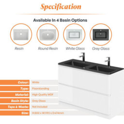Plum&clay Marvel Gloss White Floor Standing Bathroom Vanity Unit With Grey Glass Basin (W)1200mm - thumbnail 4