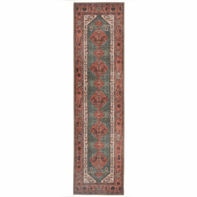 Loomed Distressed Terracotta Green Persian Style Washable Non Slip Runner Rug 60X240Cm - image 1