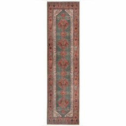 Loomed Distressed Terracotta Green Persian Style Washable Non Slip Runner Rug 60X240Cm - thumbnail 1