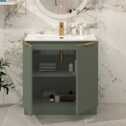 Royal Bathrooms Evora 800mm Sage Green Fluted Floor Standing Bathroom Vanity Unit 2 Door Cabinet With Ceramic Basin & Brushed Brass Handles - thumbnail 3