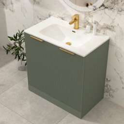 Royal Bathrooms Evora 800mm Sage Green Fluted Floor Standing Bathroom Vanity Unit 2 Door Cabinet With Ceramic Basin & Brushed Brass Handles - thumbnail 4