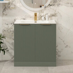 Royal Bathrooms Evora 800mm Sage Green Fluted Floor Standing Bathroom Vanity Unit 2 Door Cabinet With Ceramic Basin & Brushed Brass Handles