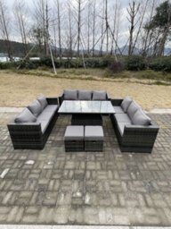 Fimous U Shape Outdoor Rattan Garden Furniture Sofa Set Lounge Adjustable Rising Lifting Tables Footstool Dark Grey Mixed - thumbnail 1