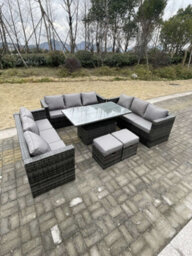 Fimous U Shape Outdoor Rattan Garden Furniture Sofa Set Lounge Adjustable Rising Lifting Tables Footstool Dark Grey Mixed - thumbnail 3