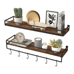 LEDREM Spice Racks, Set Of 2, Wall Shelves, Storage On The Wall, For Kitchen,bedroom,living Room,60 Cm Wide,rustic Brown And Matte Black - thumbnail 2