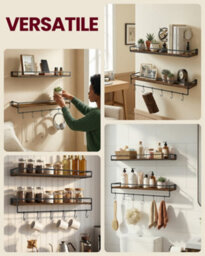 LEDREM Spice Racks, Set Of 2, Wall Shelves, Storage On The Wall, For Kitchen,bedroom,living Room,60 Cm Wide,rustic Brown And Matte Black - thumbnail 4