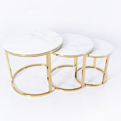 Q&p Furniture Vienna Nesting Tables 3 Piece Set  White Marble Top With Subtle Veins  Gold Base - image 1