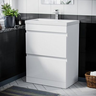 Nes Home White 600mm Pvc 2 Drawer Vanity Cabinet & Basin Sink Floor Standing - image 1