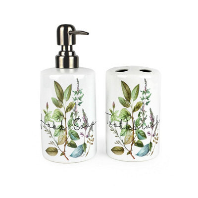 Purely Home Watercolour Herbs Bathroom Set - Refillable Ceramic Soap Dispenser & Toothbrush Holder - image 1