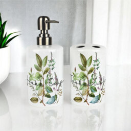 Purely Home Watercolour Herbs Bathroom Set - Refillable Ceramic Soap Dispenser & Toothbrush Holder - thumbnail 2
