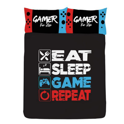 Floso Eat Sleep Game Repeat Reversible Duvet Set Black/white/red/blue (Single) - image 1