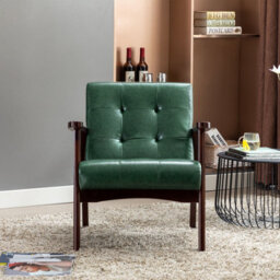 Homemiyn Green Faux Leather Armchair, Vintage-Style Chair With Solid Wood Legs, Modern Faux Leather Chair For Living Room Bedroom - thumbnail 2