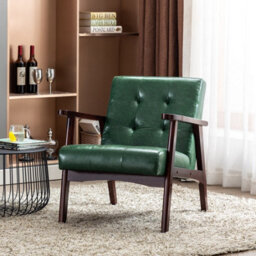 Homemiyn Green Faux Leather Armchair, Vintage-Style Chair With Solid Wood Legs, Modern Faux Leather Chair For Living Room Bedroom - thumbnail 3