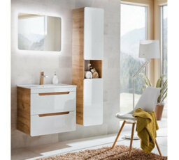 Impact Furniture Bathroom Furniture Set 600mm Vanity Unit With Sink And Tall Cabinet Wall Hung Tallboy White Gloss And Oak Aruba