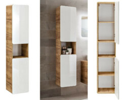 Impact Furniture Bathroom Furniture Set 600mm Vanity Unit With Sink And Tall Cabinet Wall Hung Tallboy White Gloss And Oak Aruba - thumbnail 8