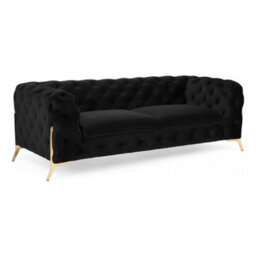 Stratus Interiors Italian Luxury Chesterfield Plush Velvet Sofa, Deep Button Tufted Living Room Statement Sofa With Gold Legs - Black - 2 Seater