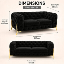 Stratus Interiors Italian Luxury Chesterfield Plush Velvet Sofa, Deep Button Tufted Living Room Statement Sofa With Gold Legs - Black - 2 Seater - thumbnail 3